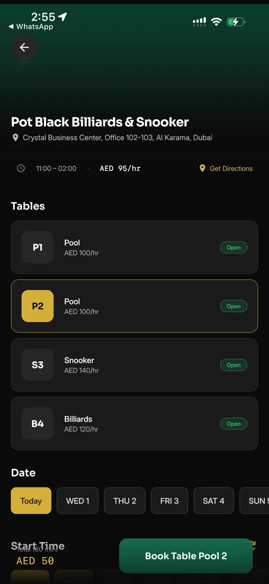 Snook A Look club page for Pot Black Billiards and Snooker: table list with per-hour prices and a book-table button