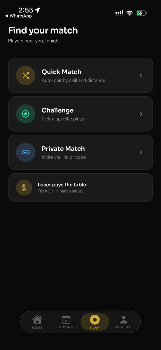 Snook A Look Play screen: Quick Match, Challenge, and Private Match modes, with the loser-pays-the-table option